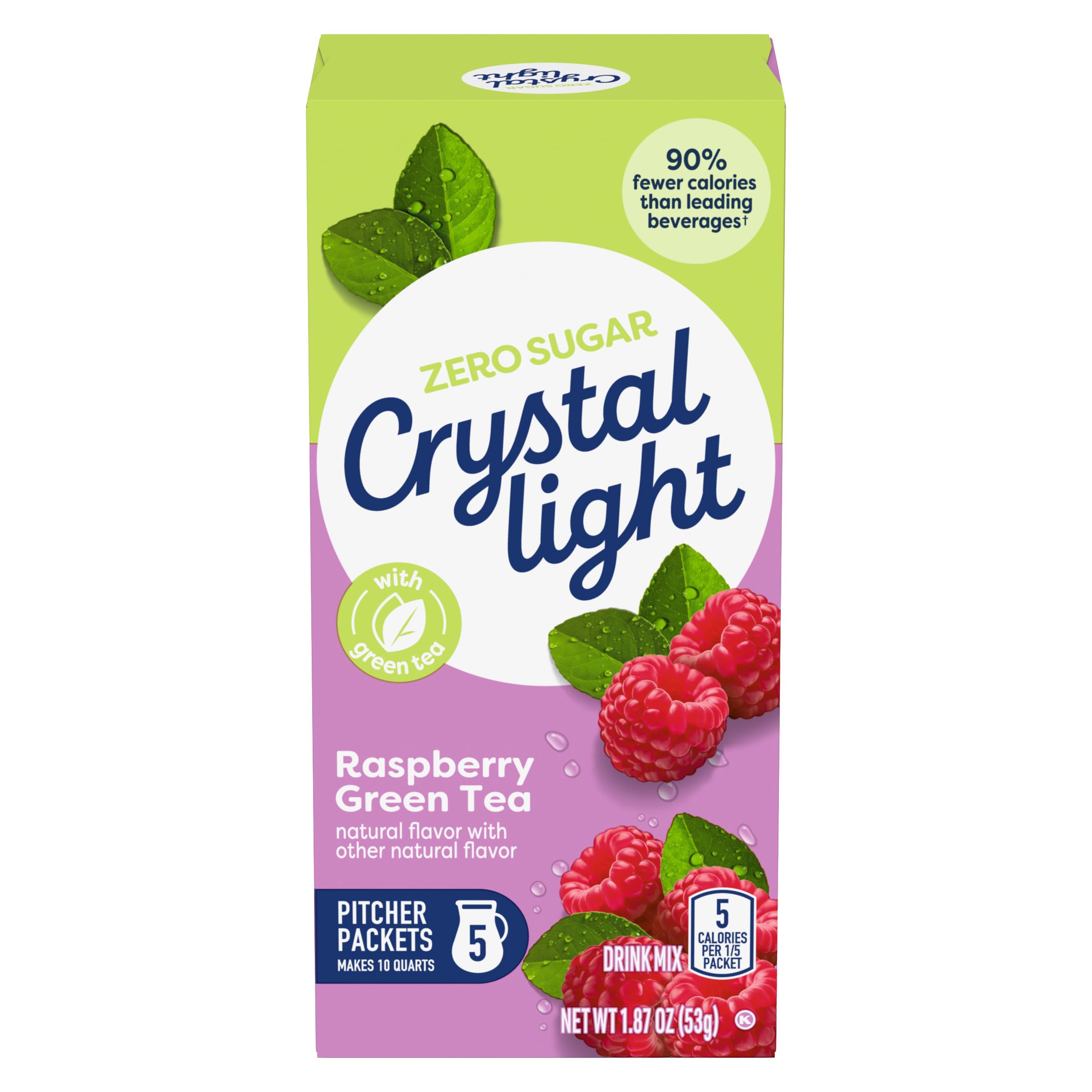 Crystal Light Raspberry Green Tea packets close-up, convenient pre-measured servings for quick flavor.
