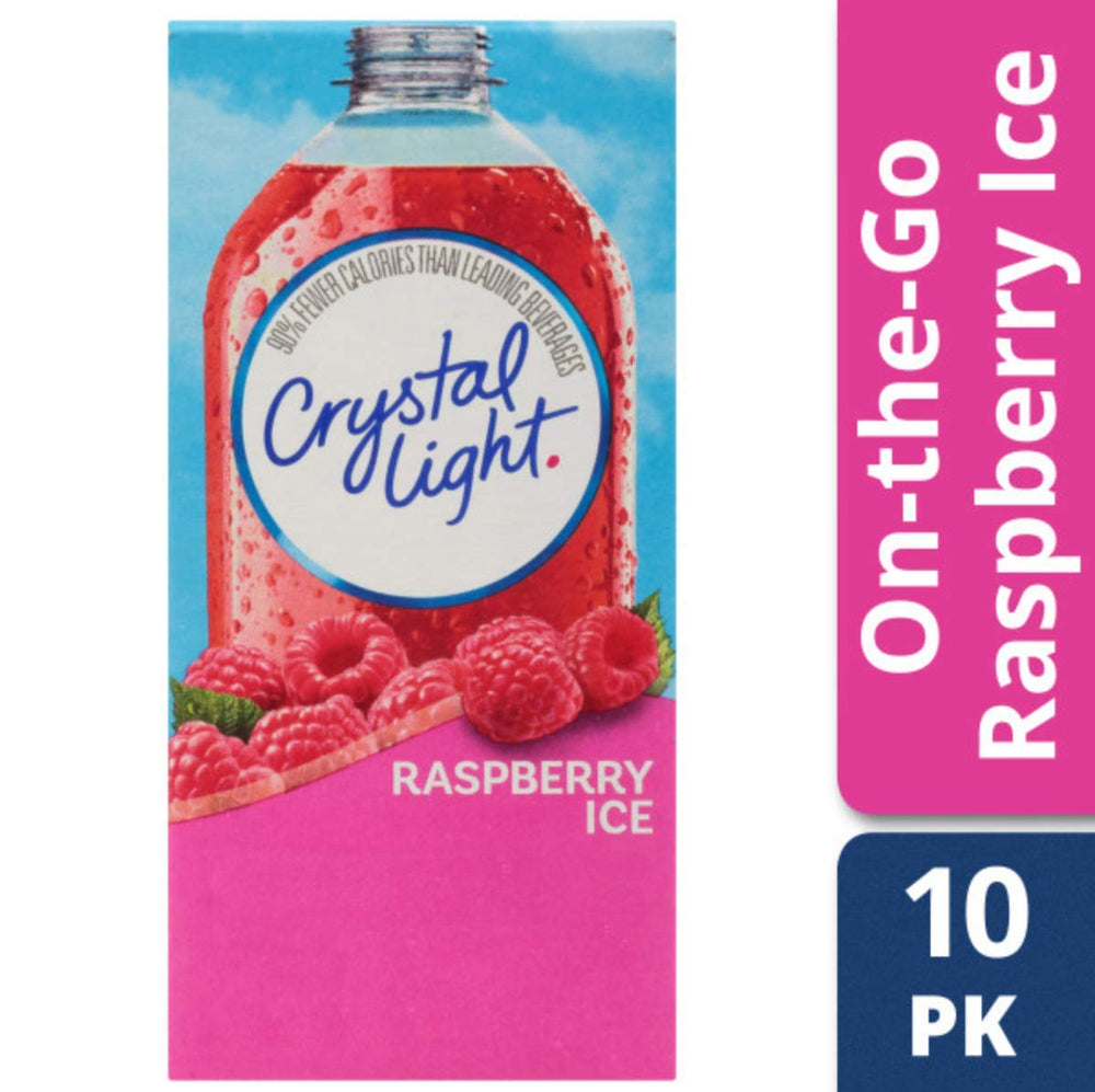 Crystal Light Raspberry Ice close-up packets highlighting travel-friendly powder