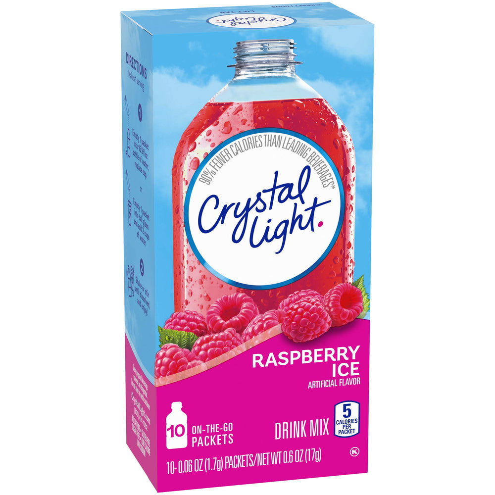Crystal Light Raspberry Ice cool drink in clear glass with vibrant hue