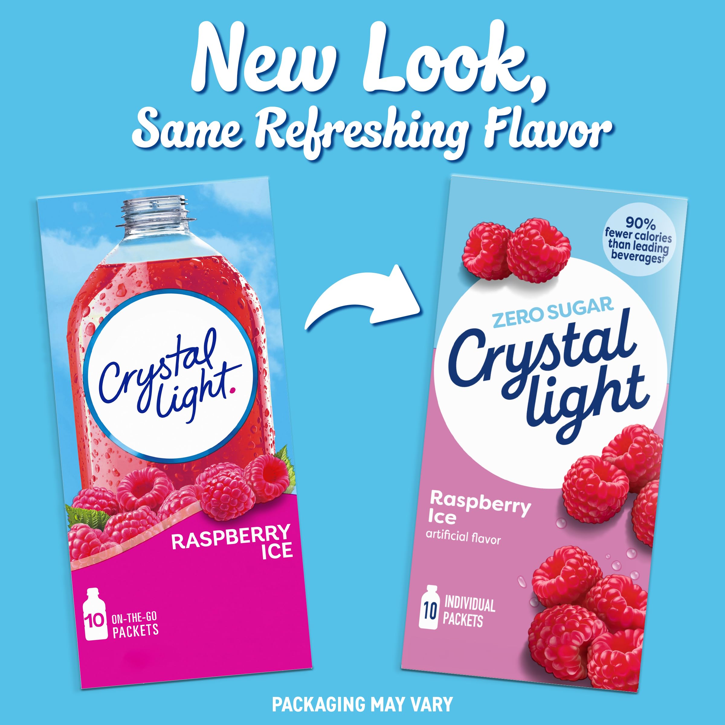 Crystal Light Raspberry Ice box and packets in a desk setup for easy access