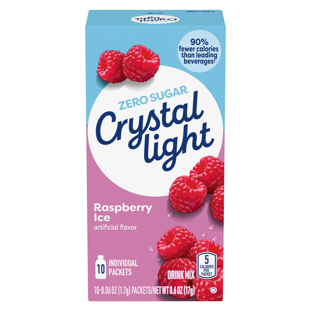 Crystal Light Raspberry Ice on-the-go packets dissolving in water for a refreshing low-calorie drink