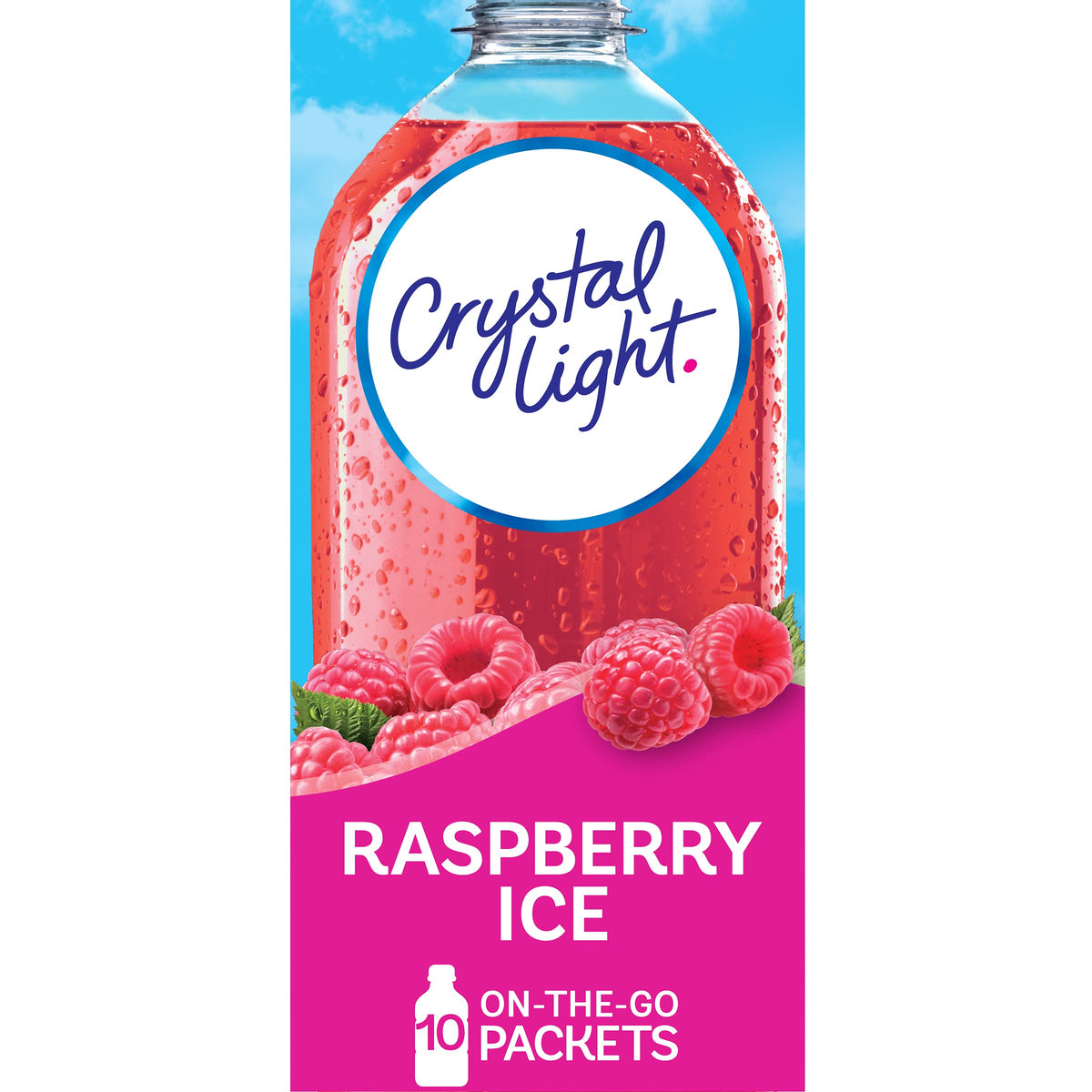 Crystal Light Raspberry Ice on-the-go packets showing zero sugar flavor in a compact package
