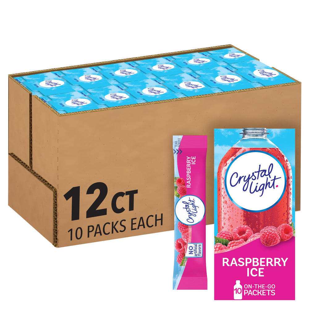 Crystal Light Raspberry Ice packets for quick, zero-sugar hydration on the go.