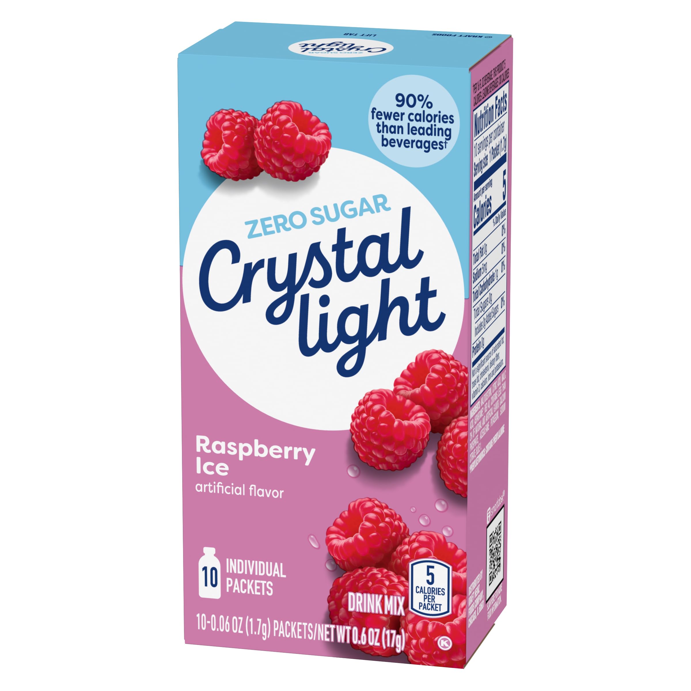 Crystal Light Raspberry Ice packets close-up, showing travel-friendly packaging