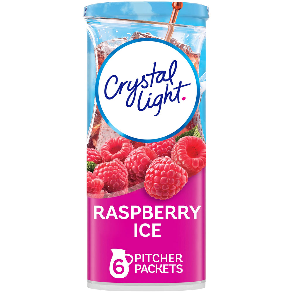 Crystal Light raspberry ice powder canister showing zero sugar and five calories per serving.