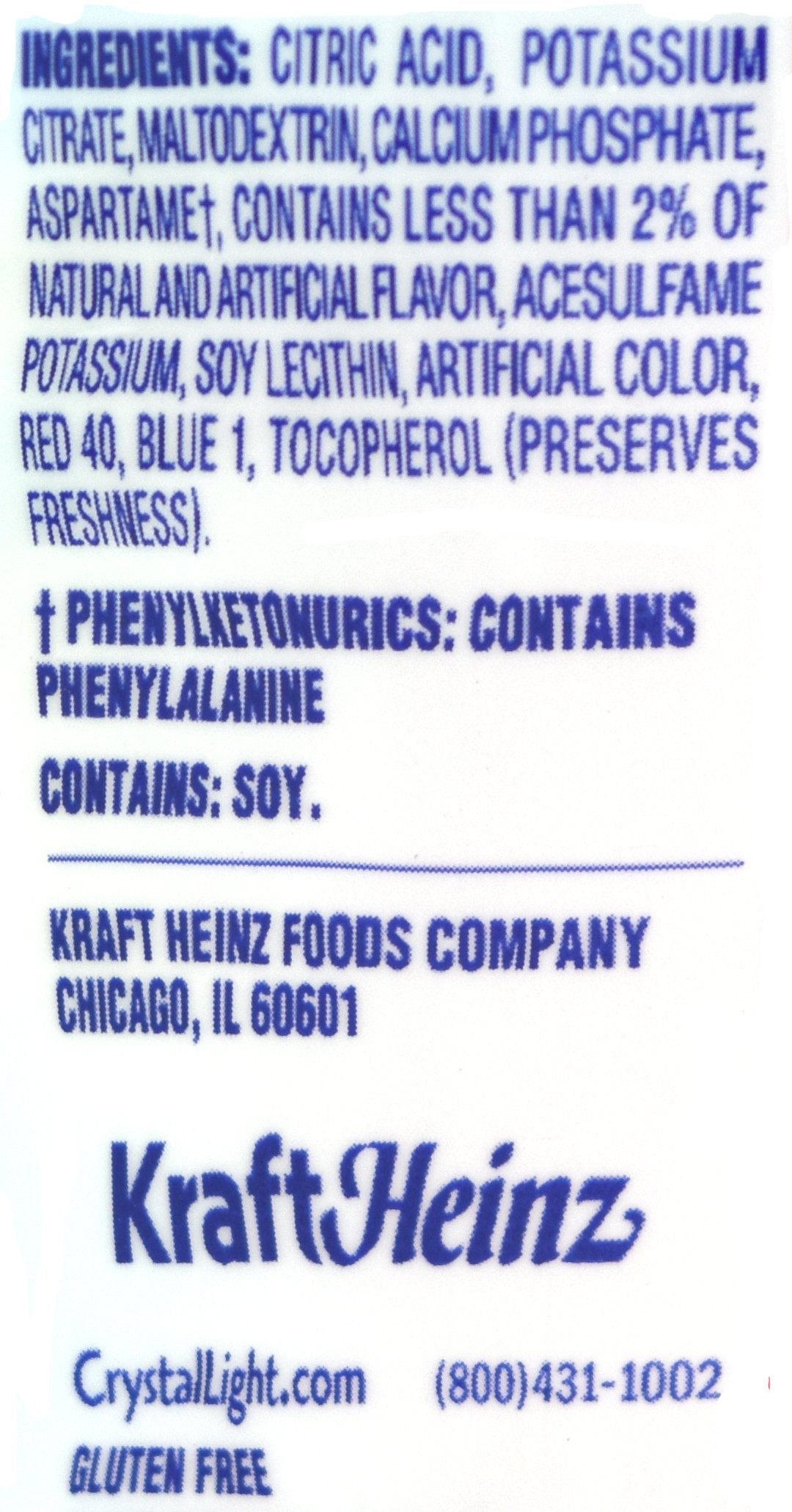 Crystal Light Raspberry Lemonade label close-up showing calories per serving