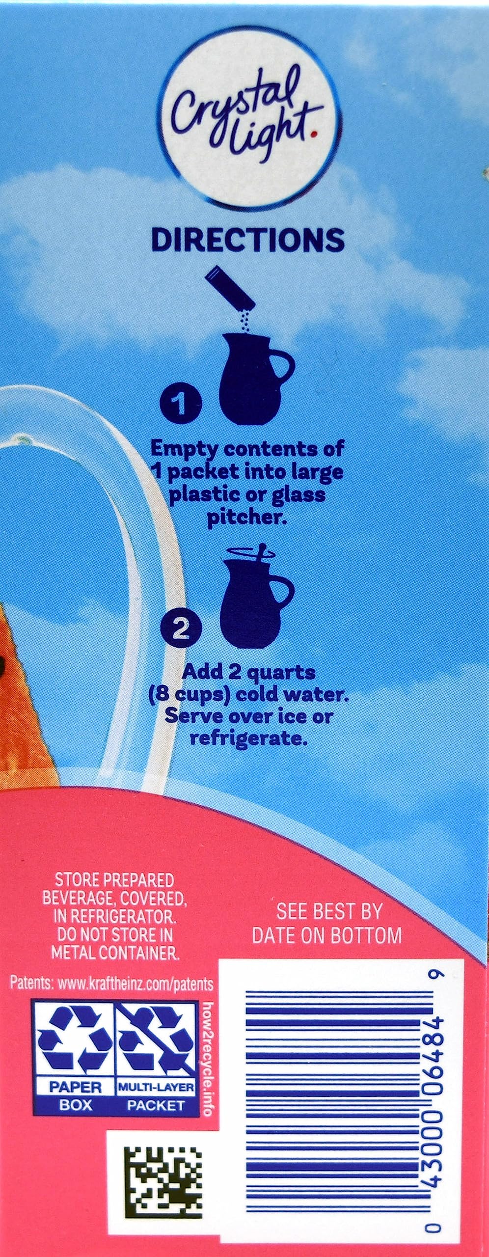 Crystal Light Strawberry Watermelon poured into a tall glass with ice.