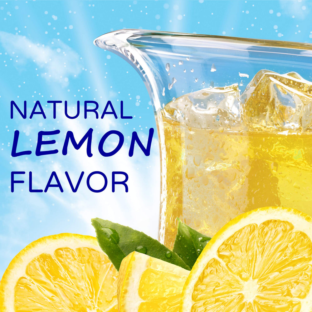Crystal Light Sugar-Free Lemonade on a kitchen counter with lemons.