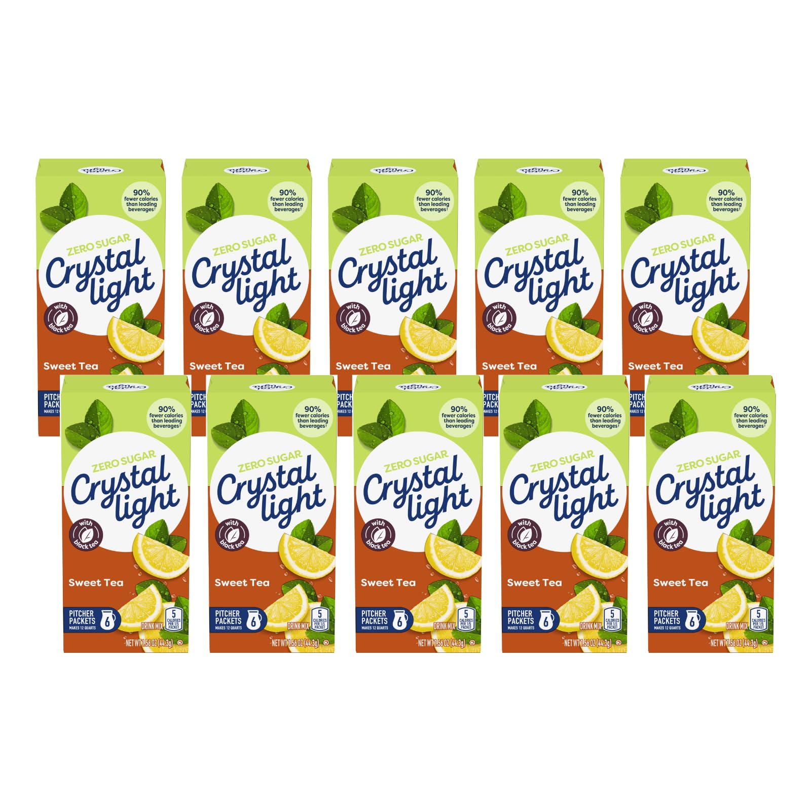 Crystal Light Sweet Tea powder canister highlights zero sugar and five calories per serving.