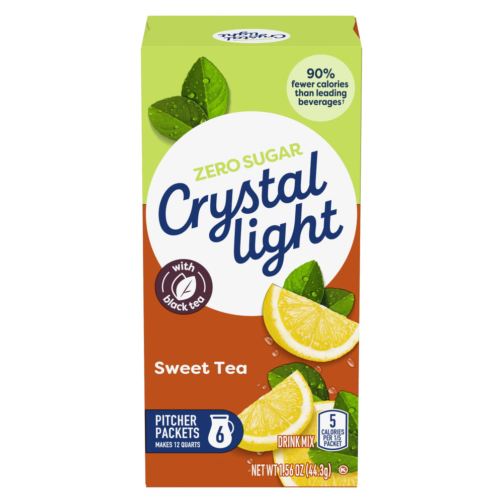 Pouring Crystal Light Sweet Tea powder into water creates a refreshing pitcher.