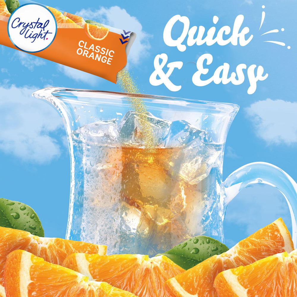 Twelve canisters of Crystal Light orange flavor boxed for convenient stocking.