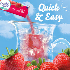 Crystal Light Wild Strawberry dissolving in a glass of water showing zero sugar option.