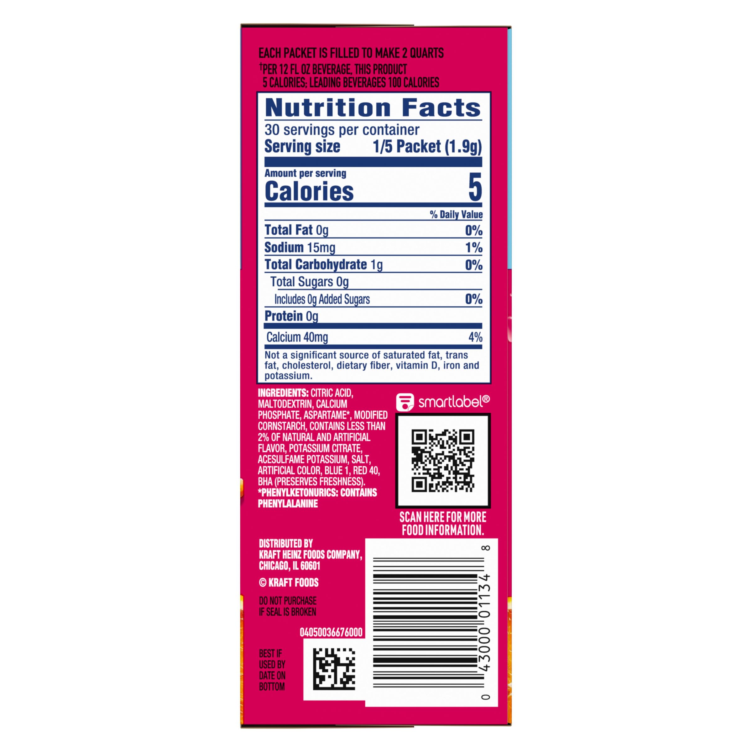 Crystal Light shows five calories per serving and zero sugar.