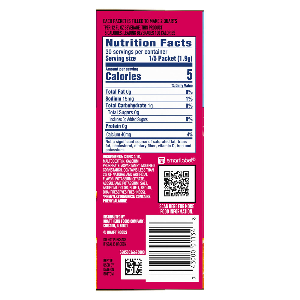 Crystal Light shows five calories per serving and zero sugar.