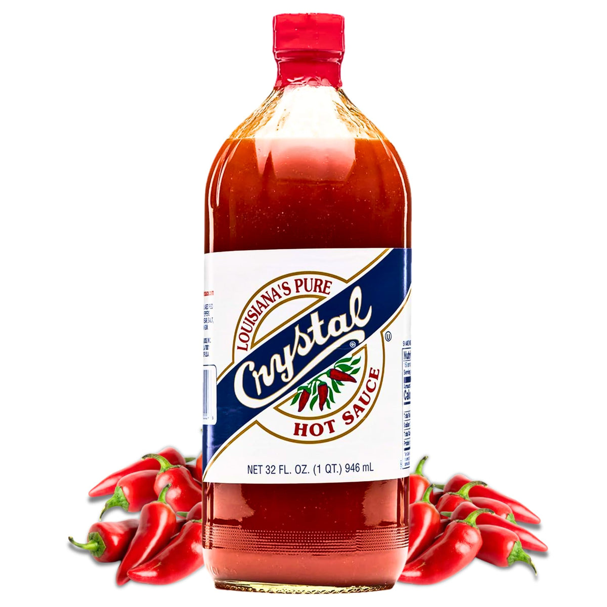 Crystal Louisiana's Pure Hot Sauce bottle front view, balanced heat perfect for everyday flavor.