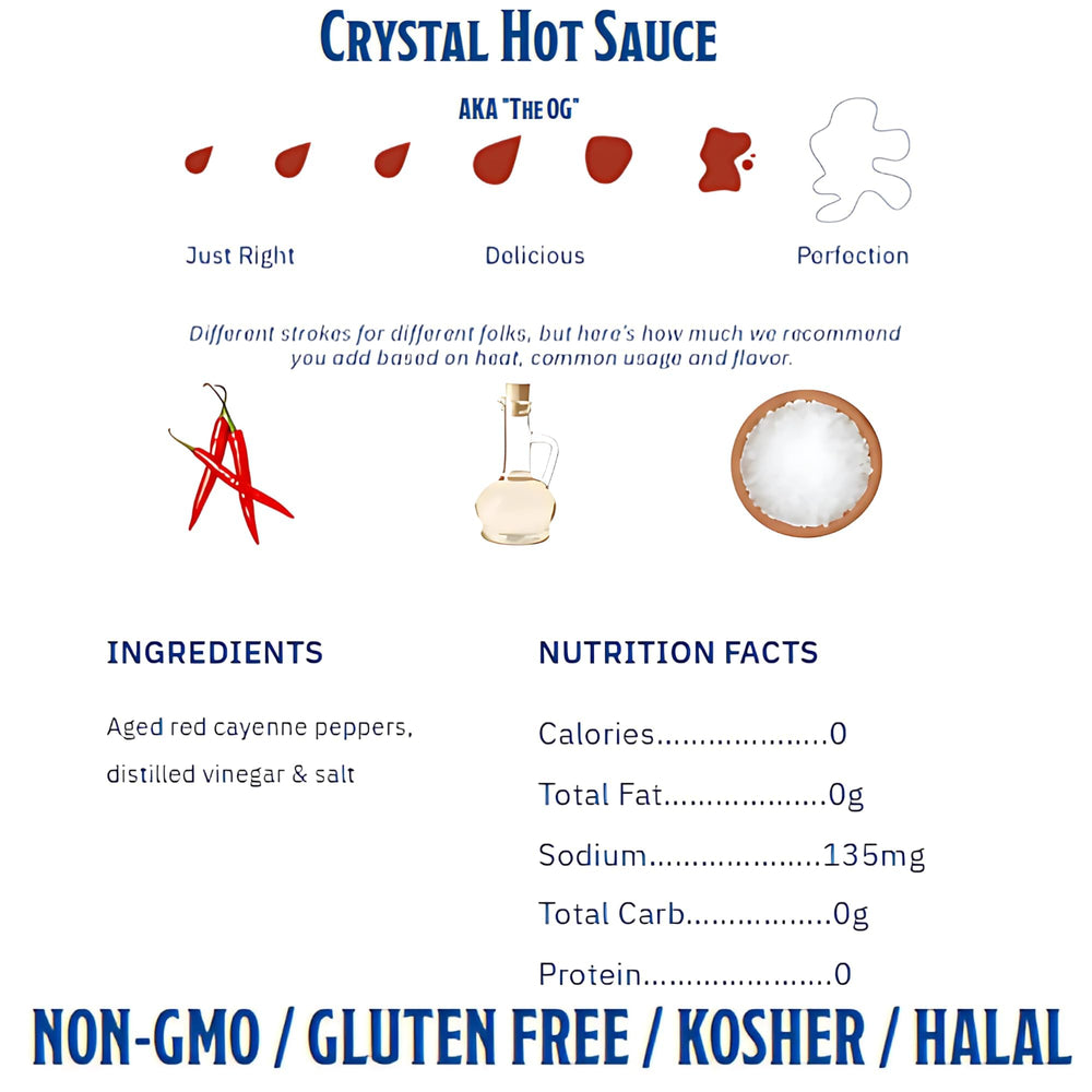 Crystal Louisiana's Pure Hot Sauce bottle top view, easy-pour design for quick culinary kicks.