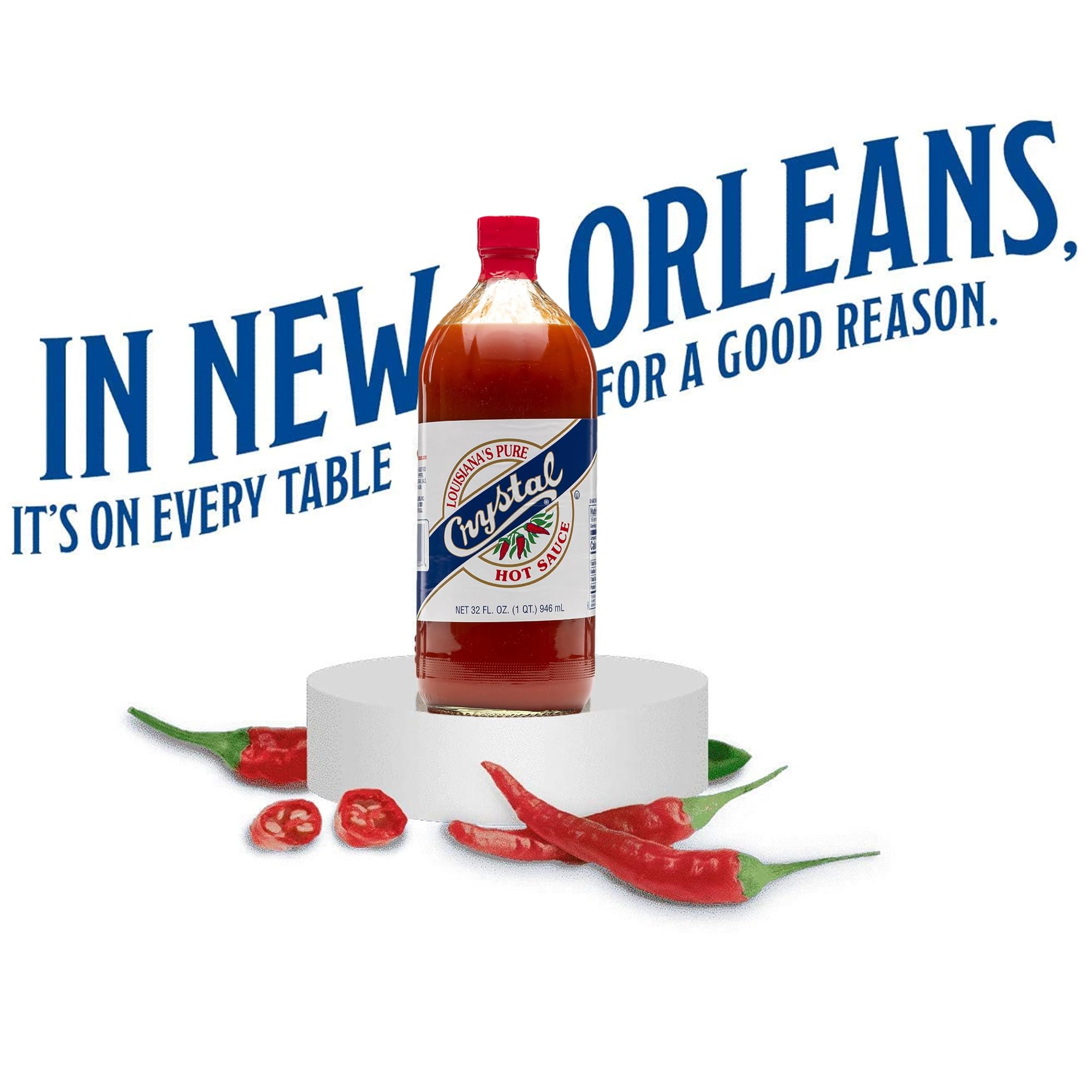 Crystal Louisiana's Pure Hot Sauce with gumbo pairing image, enhances stews and seafood.