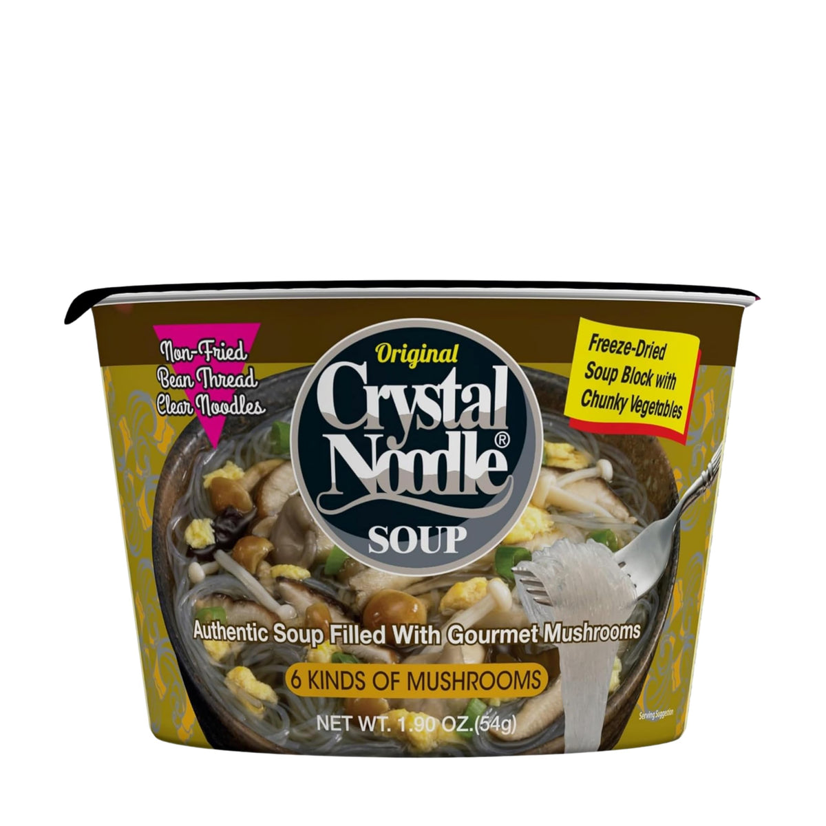 Crystal Noodle Soup six-mushroom blend in savory broth, ideal for a quick vegetarian lunch.