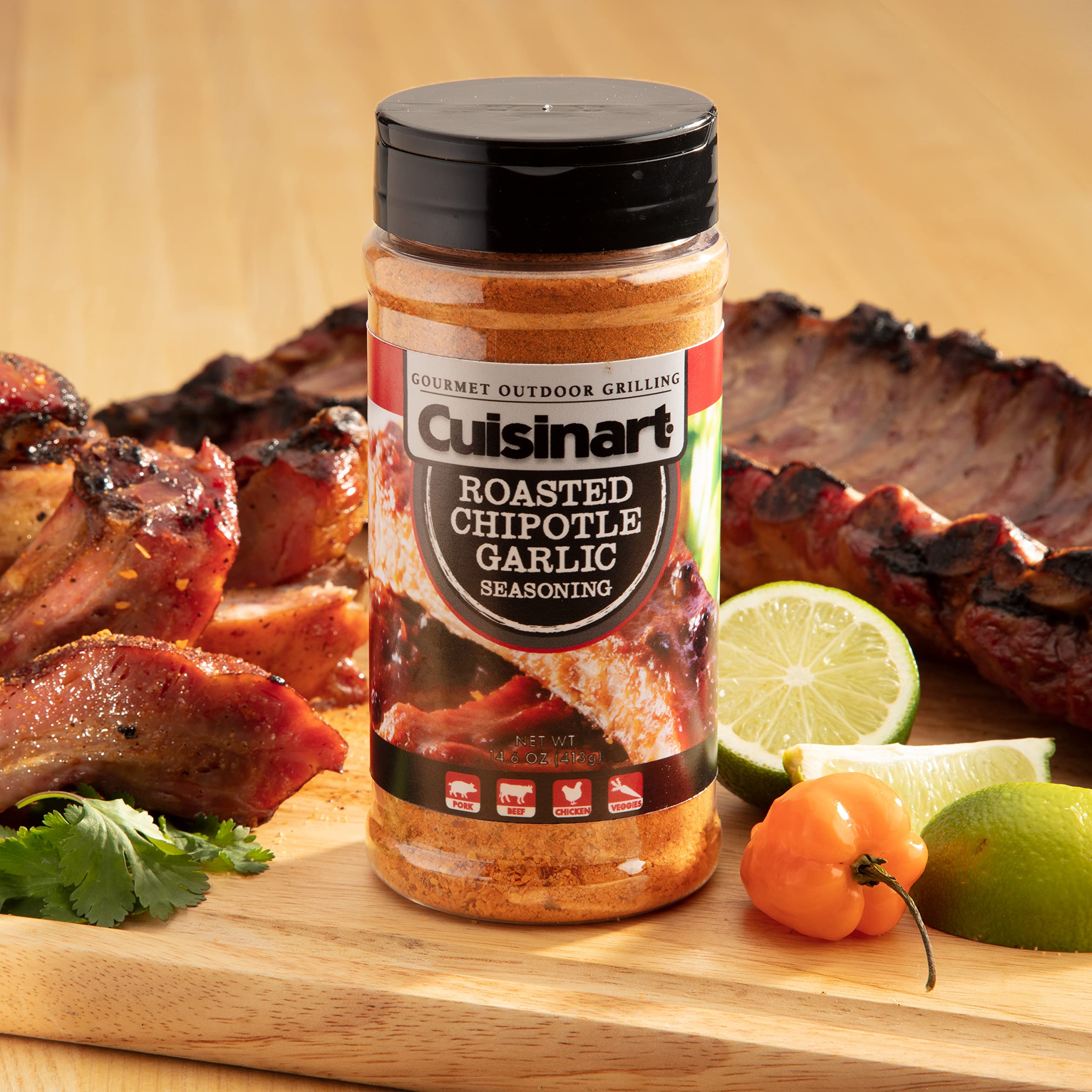 Cuisinart Roasted Chipotle Garlic Dry Rub pork for savory sear and sweet notes.