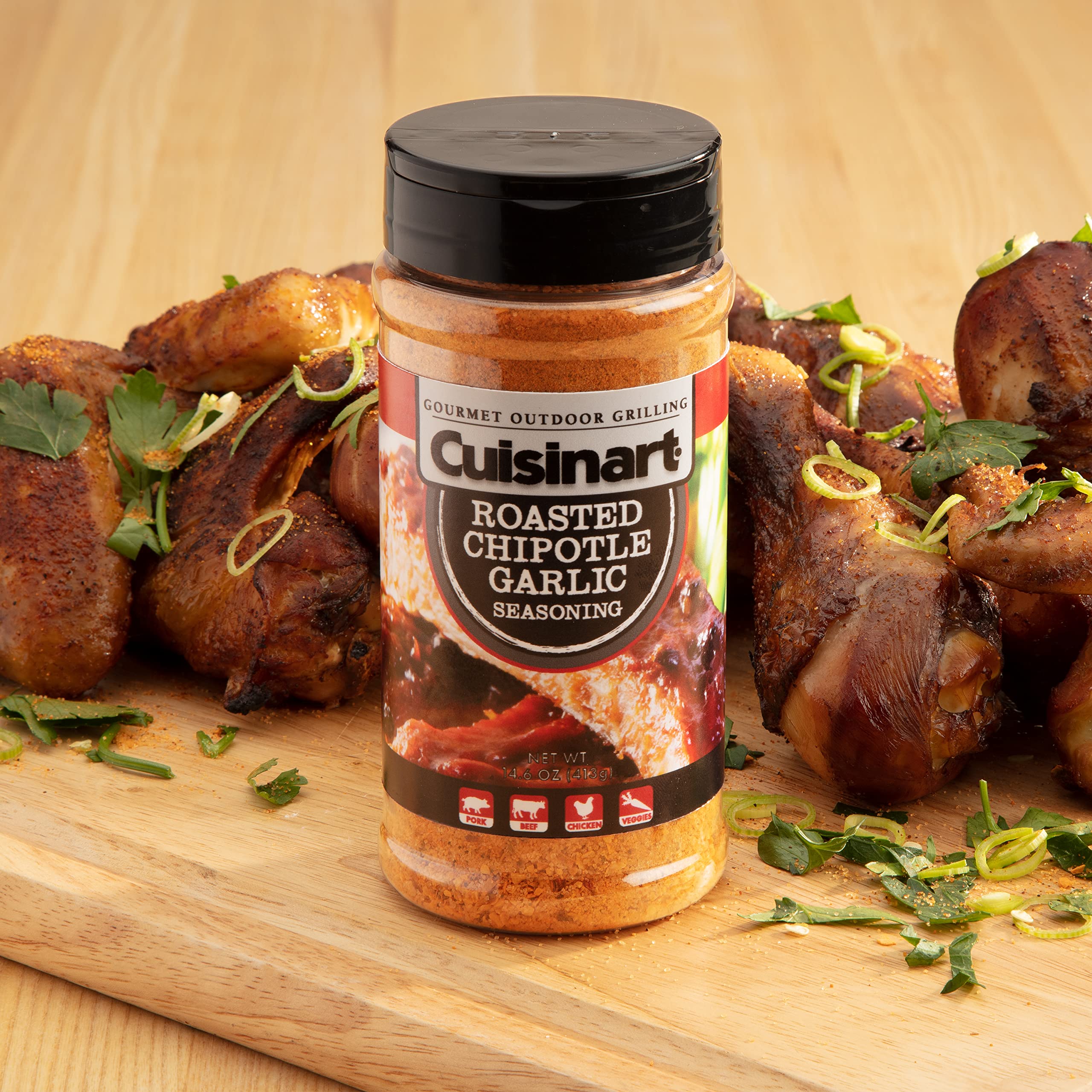 Cuisinart Roasted Chipotle Garlic packaging on kitchen counter for easy access.