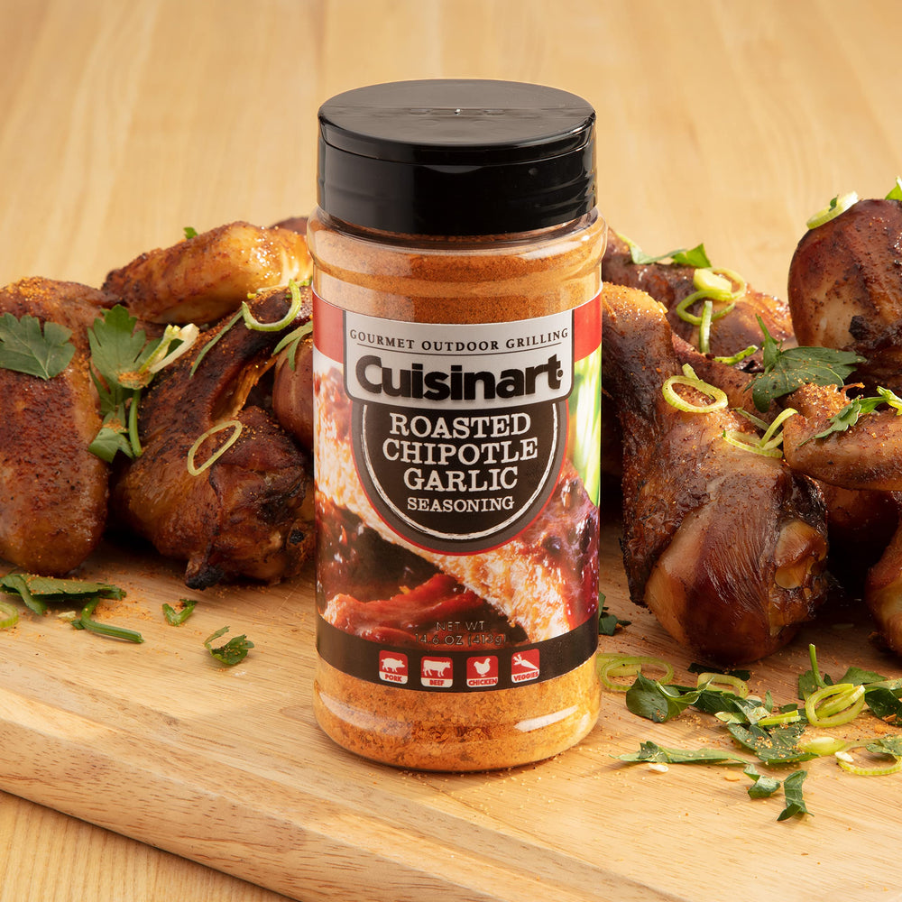 Cuisinart Roasted Chipotle Garlic packaging on kitchen counter for easy access.