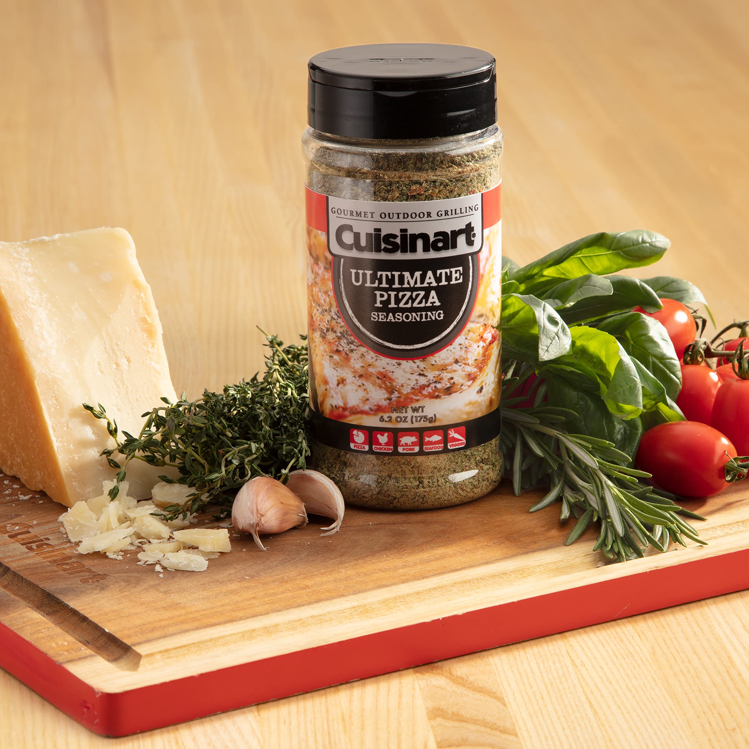 Cuisinart Ultimate Pizza Seasoning bottle in a bright kitchen.