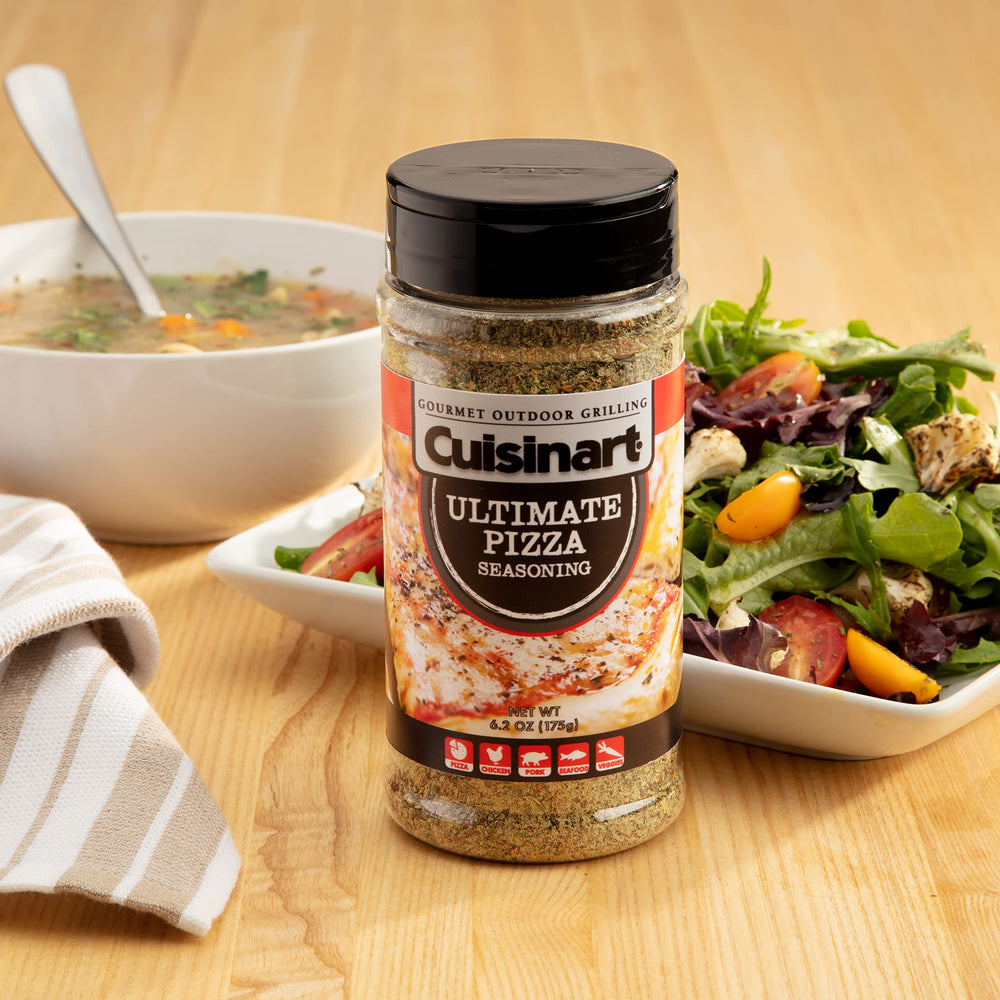 Cuisinart Ultimate Pizza Seasoning ingredients close-up with garlic and cheddar.