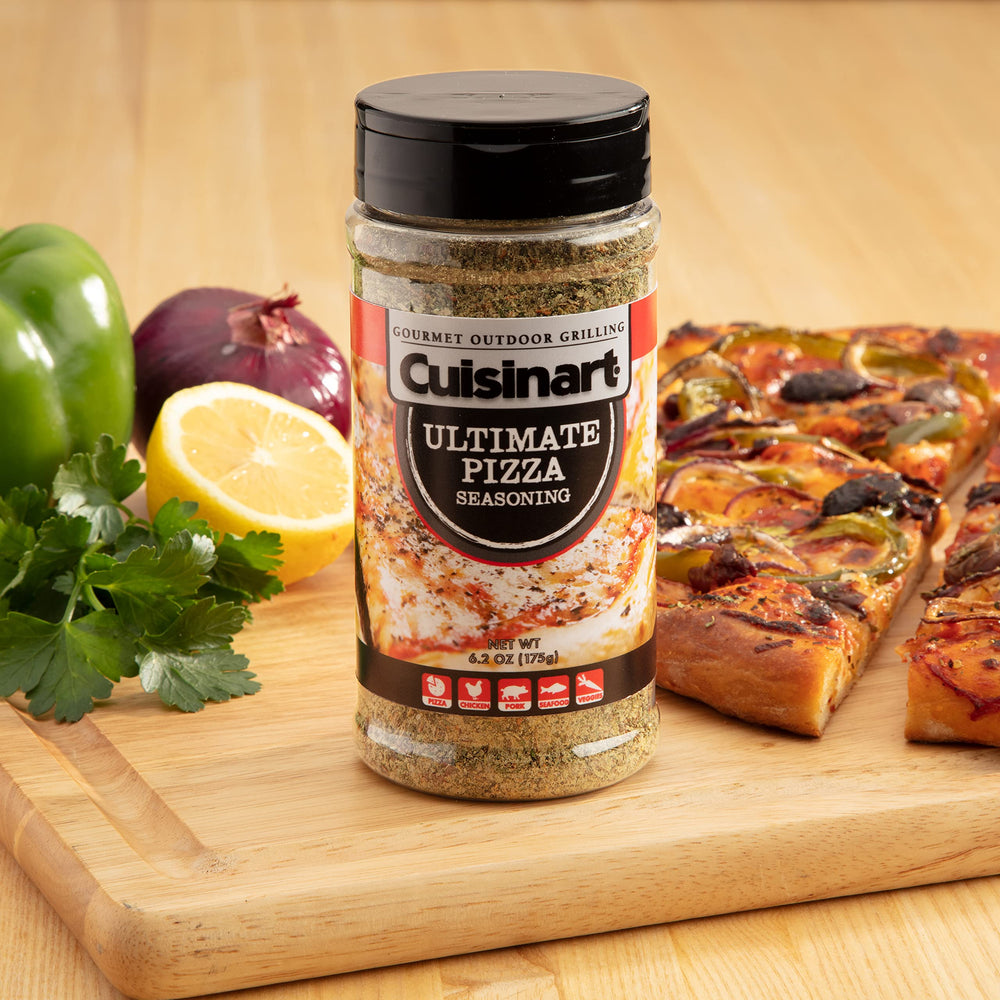 Cuisinart Ultimate Pizza Seasoning label close-up shows herbs and cheddar.
