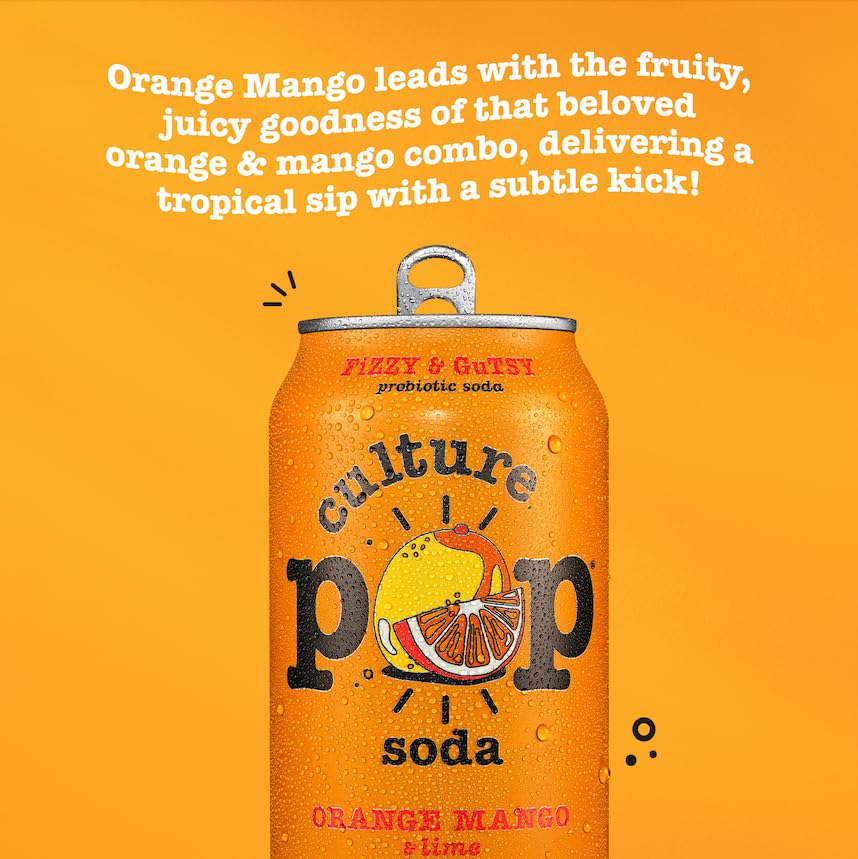 Glass pouring Culture Pop orange mango lime showcasing fizzy sparkles
