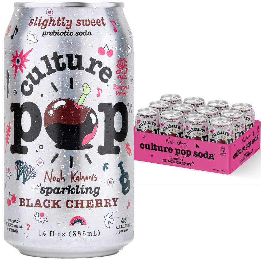 Culture Pop Noah Kahan Black Cherry soda can highlighting bold flavor and probiotic goodness.