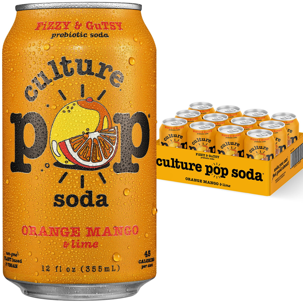 Culture Pop Orange Mango Lime can front shows refreshing probiotic soda on a bright surface