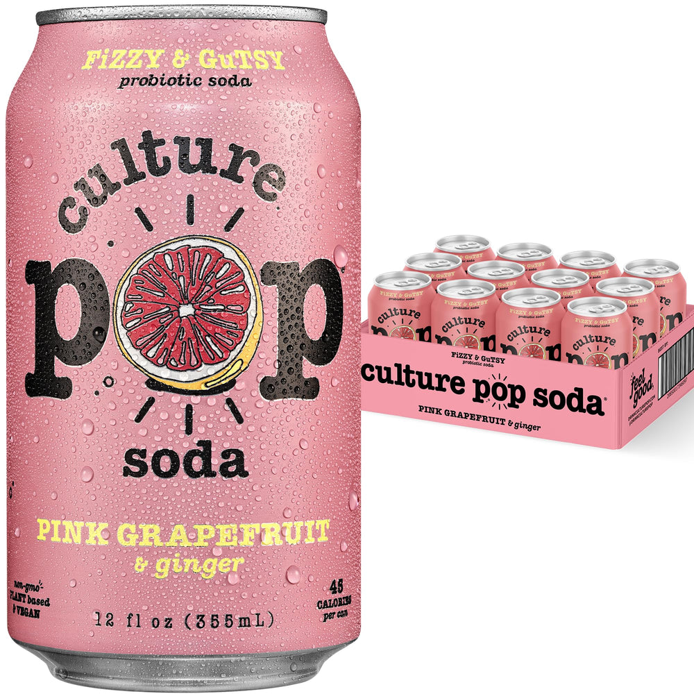 Culture Pop Pink Grapefruit Ginger Soda can with vibrant flavor profile and probiotic content