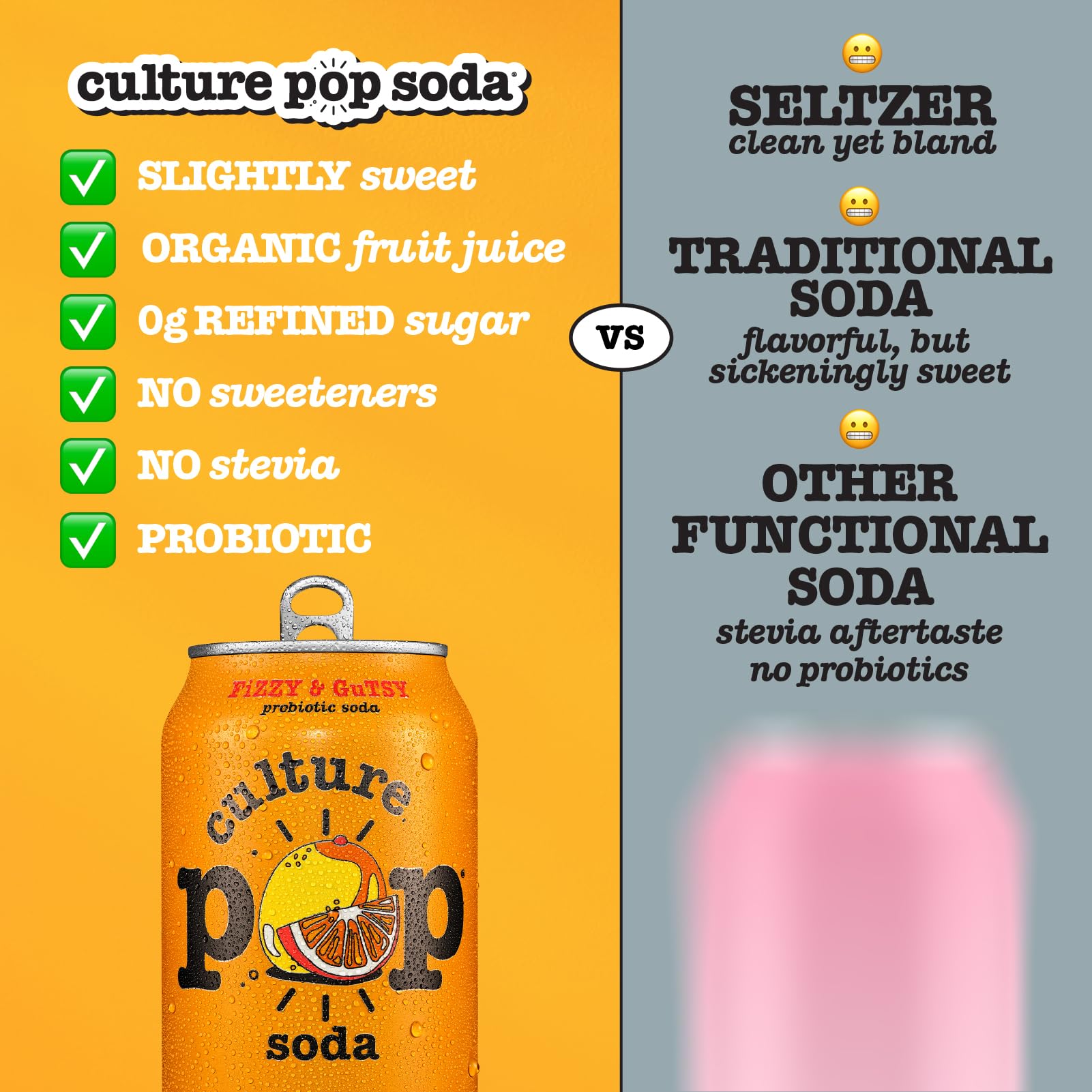 Close-up of Culture Pop probiotic soda 12 oz can with bold label