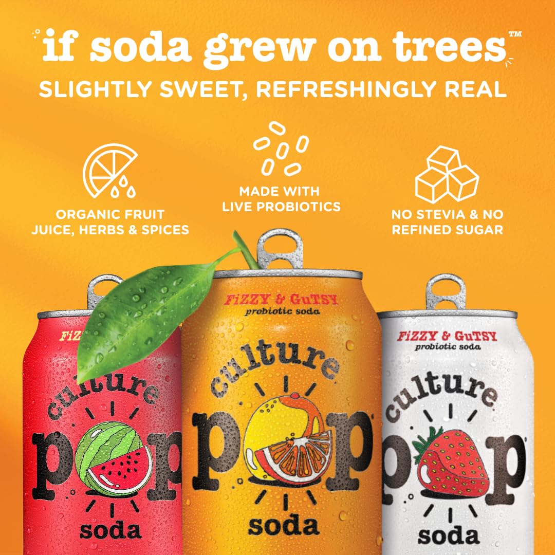 Culture Pop can close-up highlighting bubbly texture and low-sugar profile