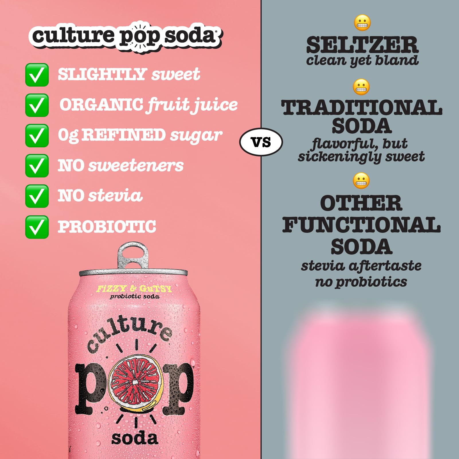 Culture Pop probiotic soda ingredients pack showing real fruit juice and no refined sugar