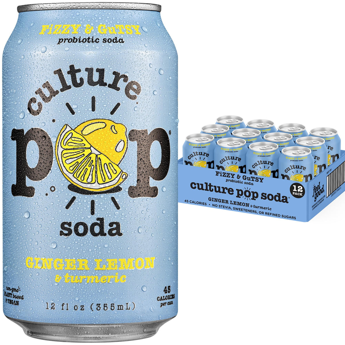 Culture Pop Ginger Lemon can with probiotic fizz and bright flavor.