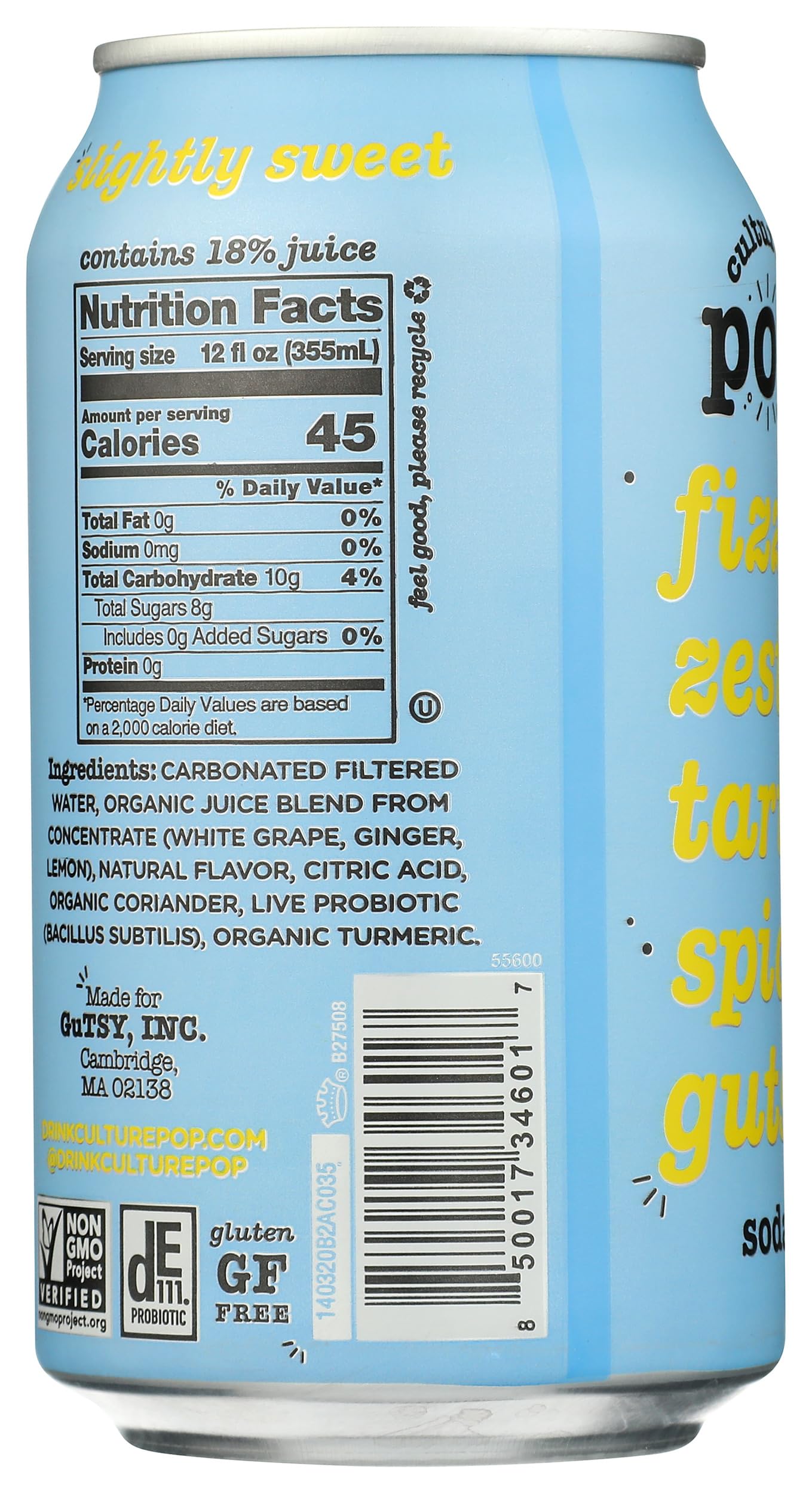 Culture Pop Soda Prebiotic Ginger Lmn bottle side highlighting sparkling texture and on the go convenience