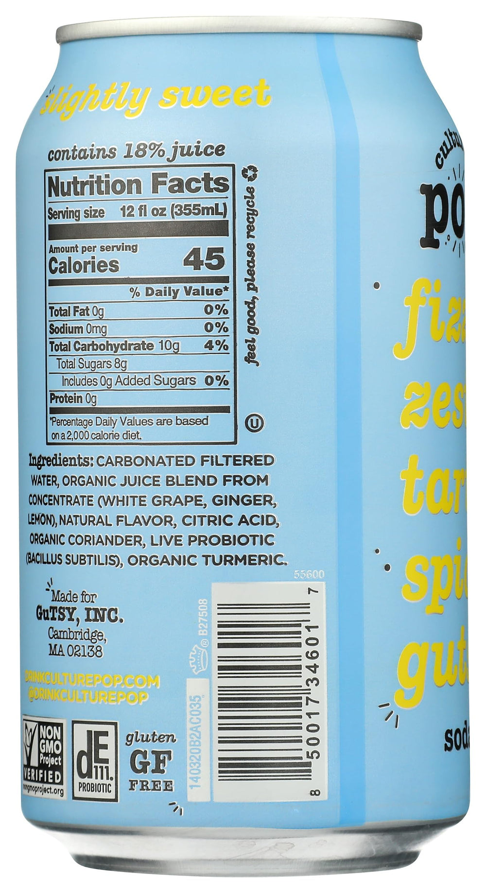 Culture Pop Soda Prebiotic Ginger Lmn bottle side highlighting sparkling texture and on the go convenience