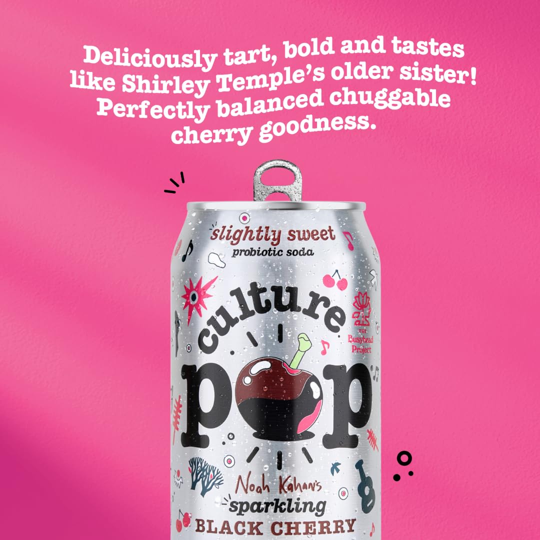 Culture Pop probiotic claim badge on can suggesting gut-friendly, grab-and-go refreshment.