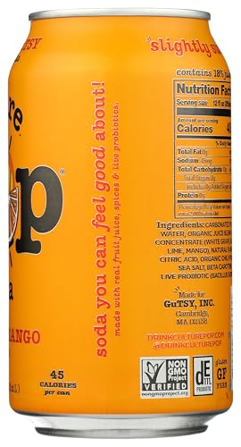 Glass poured with Culture Pop orange mango, displaying vibrant color and refreshing aroma.