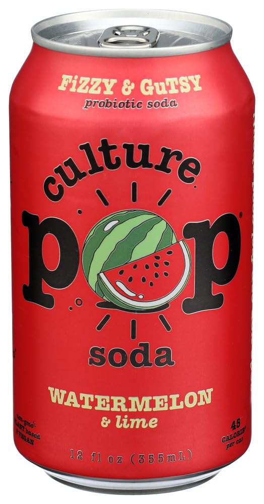 Culture Pop Soda Probiotic Watermelon bottle front view highlighting premium ingredients and refreshing flavor