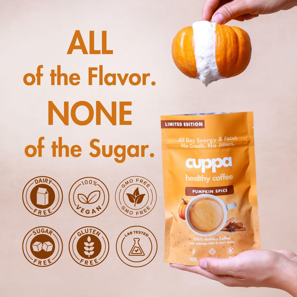 Cuppa Healthy Coffee Ashwagandha jar illustrating mood support and steady energy.