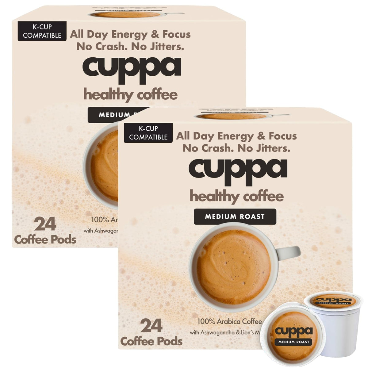 Cuppa Healthy Coffee packaging with medium roast and adaptogens for daily focus.