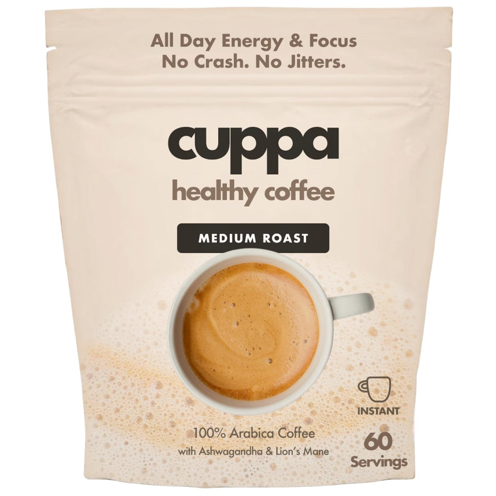 Cuppa Healthy Coffee cup pouring with mushroom blend for smooth energy