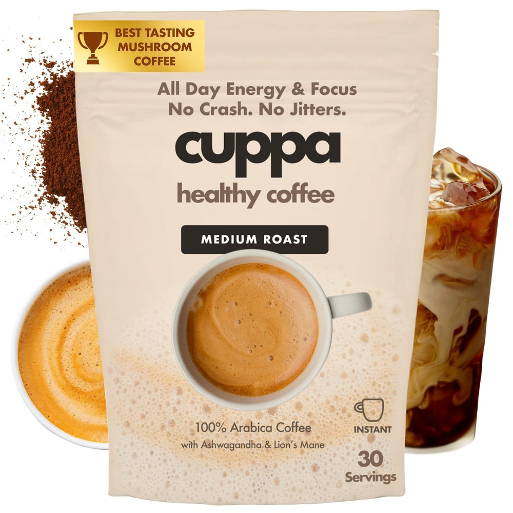 Cuppa Medium Roast Mushroom Coffee pack shot highlights balanced energy and adaptogens.