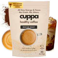 Cuppa Medium Roast Mushroom Coffee pack shot highlights balanced energy and adaptogens.