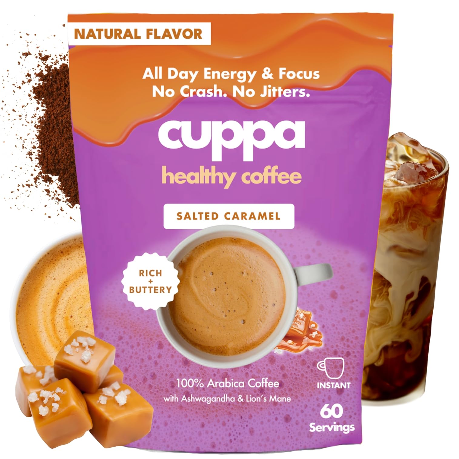 Cuppa Salted Caramel Mushroom Coffee bottle showing energy-boosting blend with adaptogens