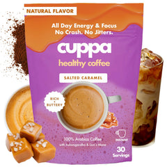 Cuppa Salted Caramel Mushroom Coffee pack showing premium beans and adaptogens for steady energy.