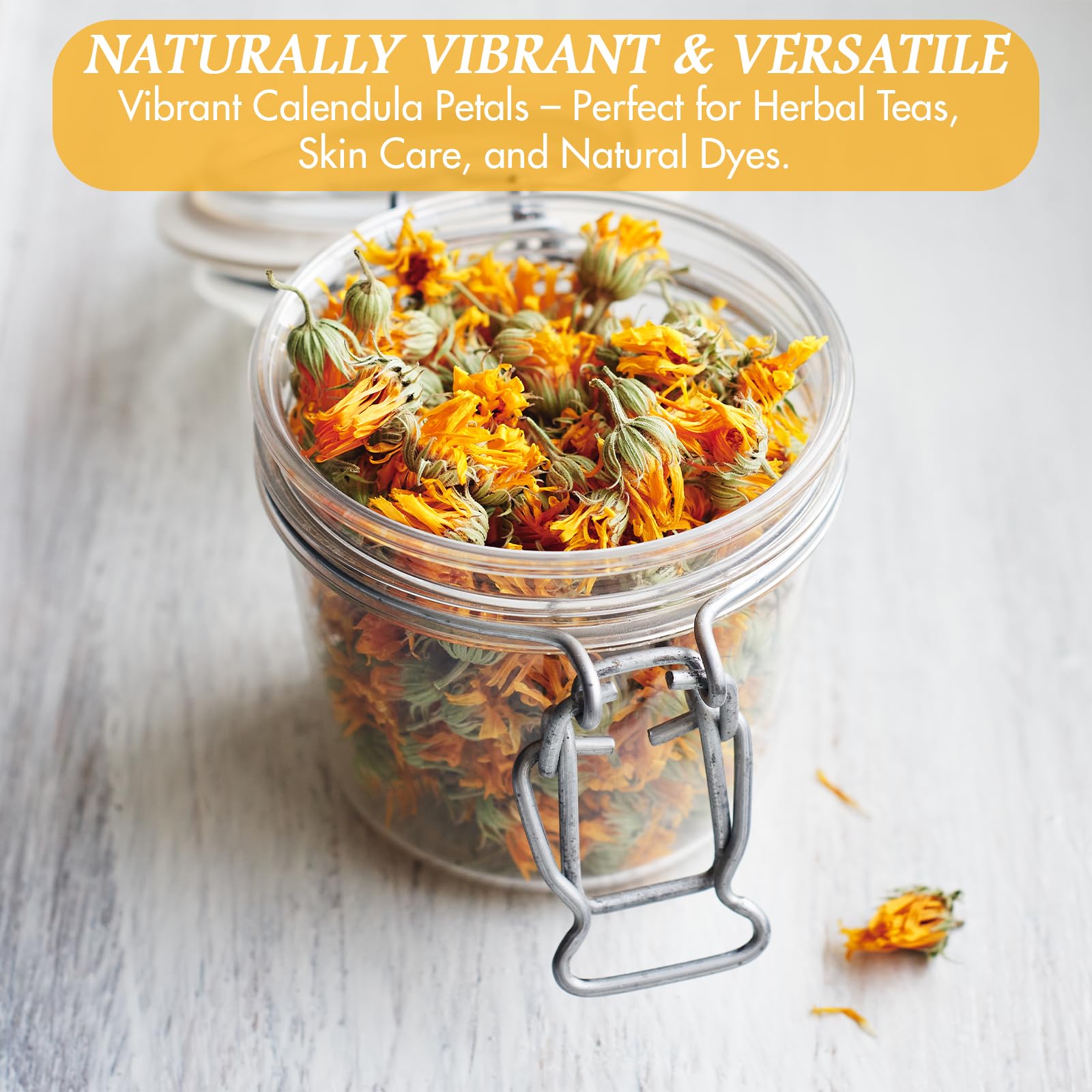 Fragrant Cure Wid Pure calendula dried flowers in a jar.
