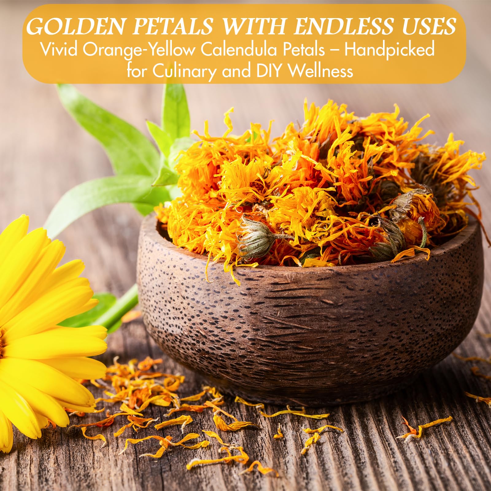 Bath blend featuring Cure Wid Pure dried calendula flowers.